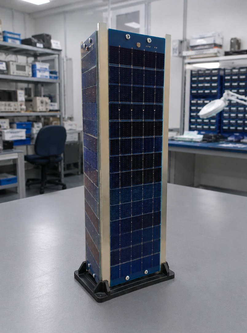 Реальный CubeSat 3U с раскрытыми солнечными панелями в лаборатории