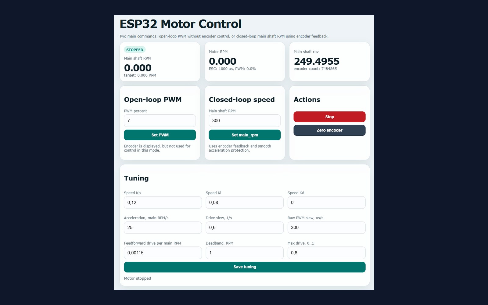 Веб-интерфейс ESP32 управления вращением